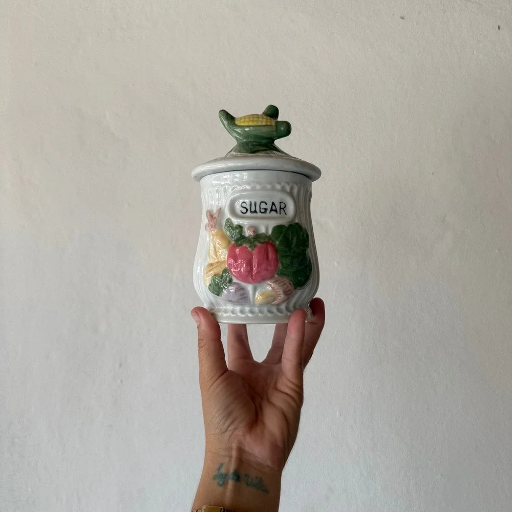 Ceramic Flour Sugar Canister Set Vegetable Kitchen Decor Grandmacore Missing Lid